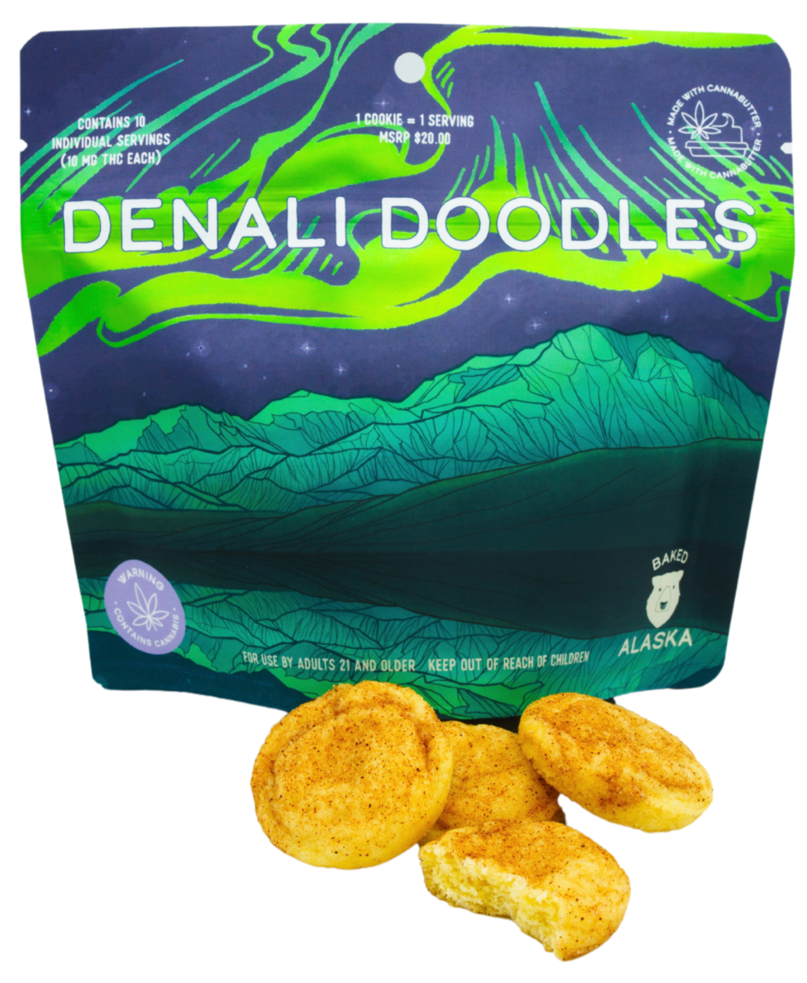 Photograph of Product: Denali Doodles (100mg) Indica Snickerdoodle Cookies by Baked Alaska