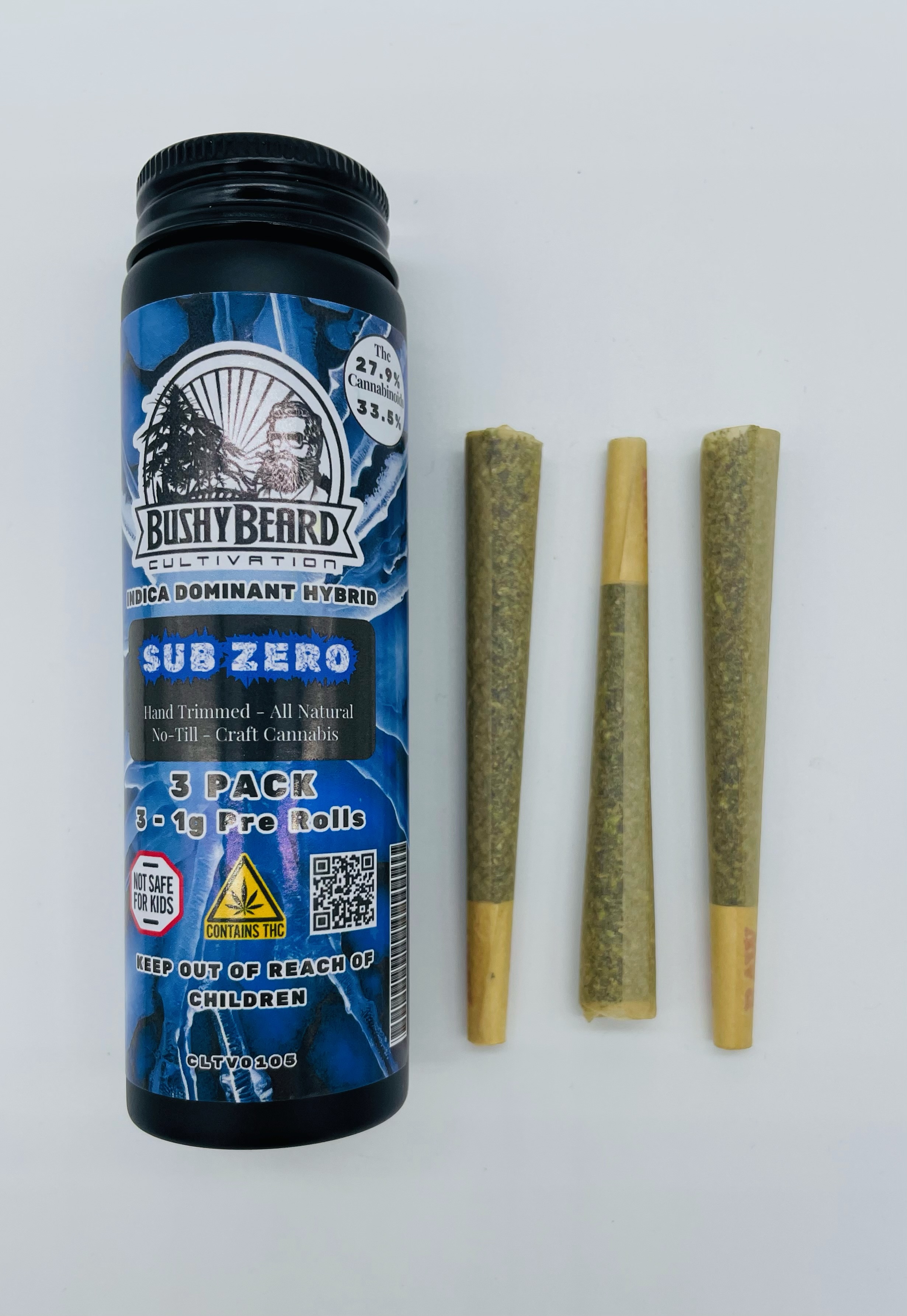 Photograph of product: Bushy Beard | Sub Zero 3pk | Pre-Roll | 3g | 27.9% TH-oui