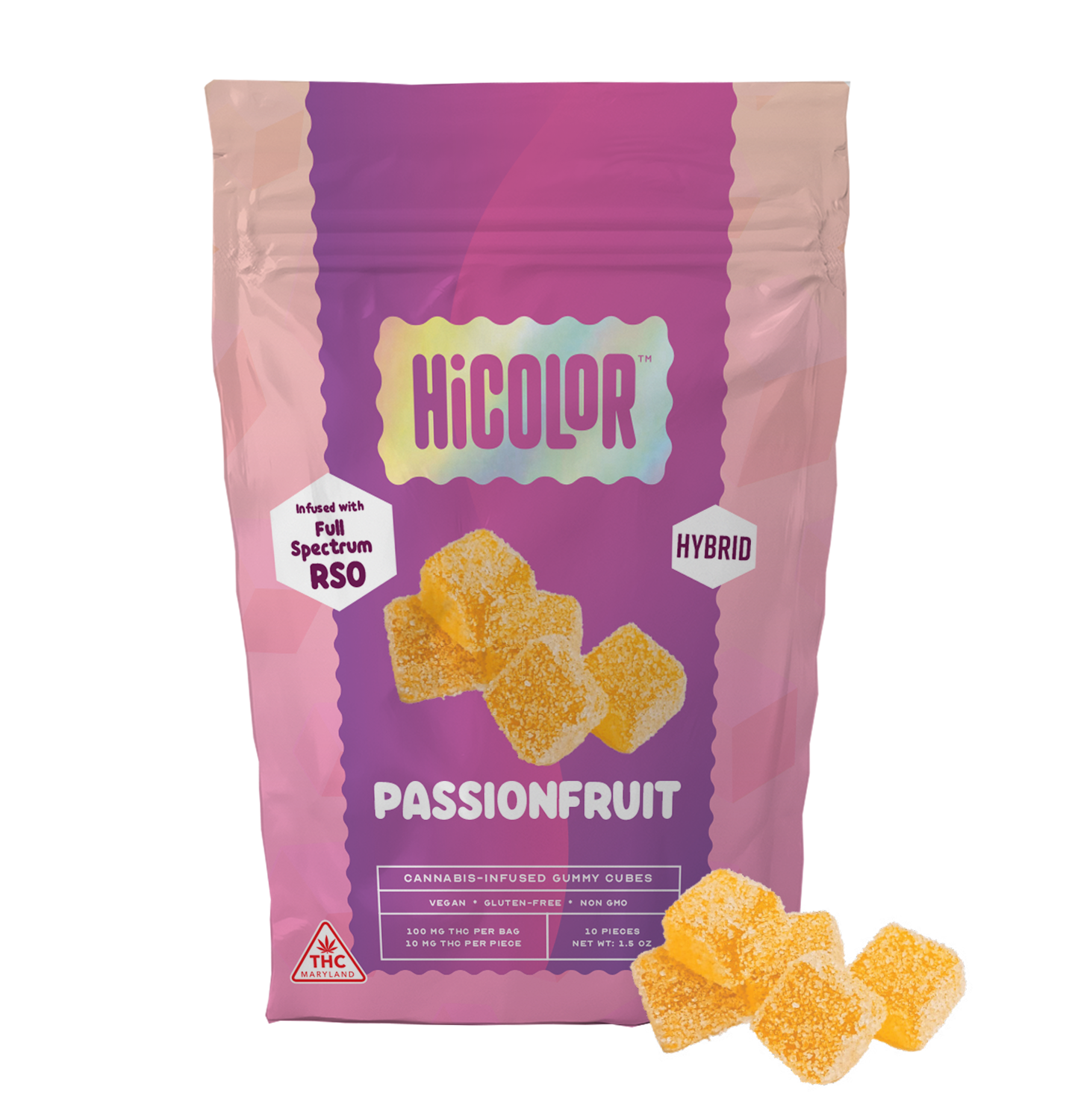 Photograph of product: HiCOLOR | Gummies | Passionfruit RSO (Hybrid) | 10 x 10mg