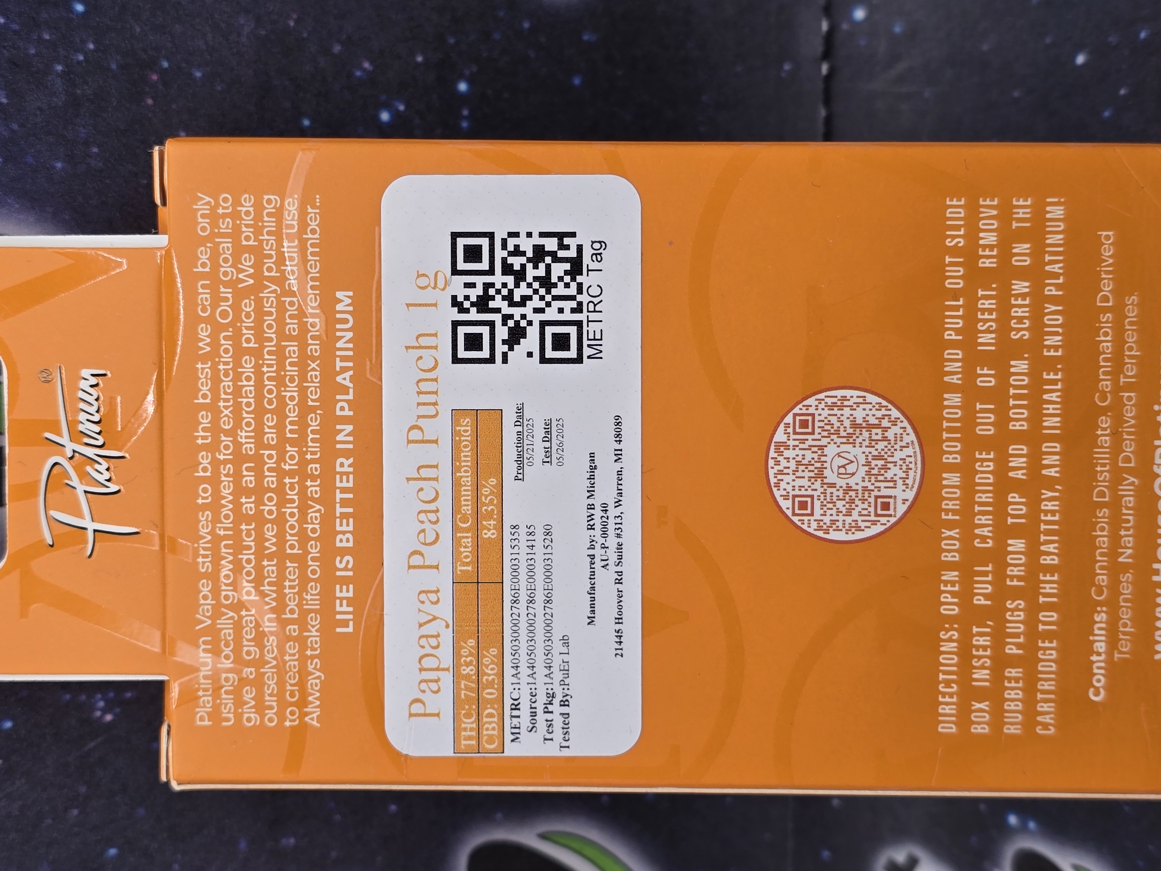 Photograph of product: Platinum Vape | Papaya Peach Punch Cartridge (S)