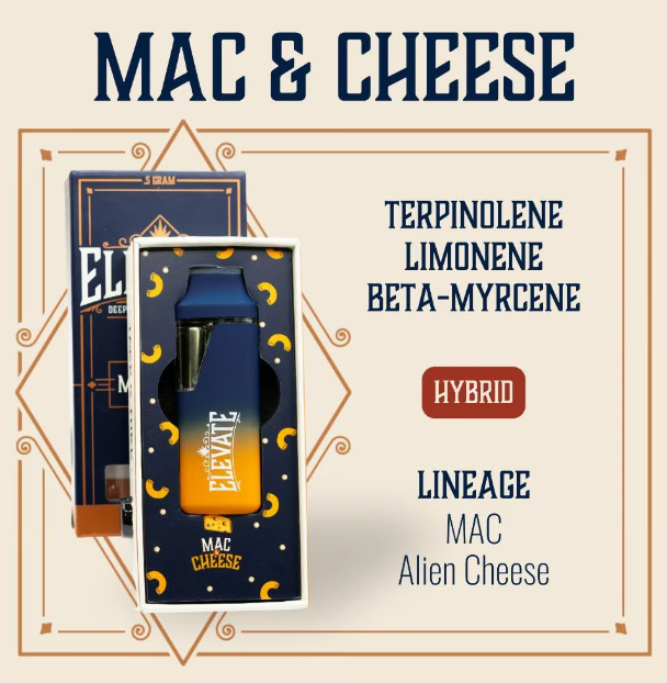 Photograph of product: Mac & Cheese .5g Disposable Vape Cartridge - 50/50 Hybrid Elevate Missouri