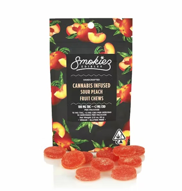 Photograph of product: SOUR PEACH FRUIT CHEWS 10 PACK 100MG