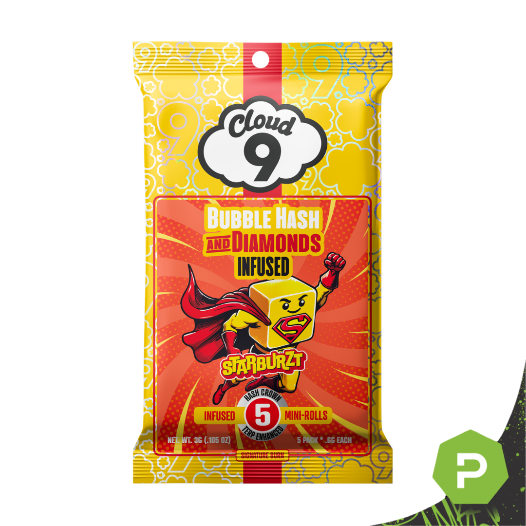 Photograph of product: Cloud 9 | 0.6g x 5 Infused Bubble au chocolat & Diamonds Pre-Rolls | Starburzt