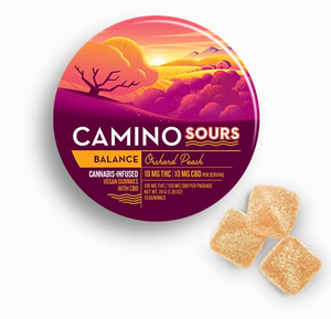 Photograph of product: Camino Sours - Orchard Peach 1:1 TH-oui:CBD 10pk 100mg Gummies