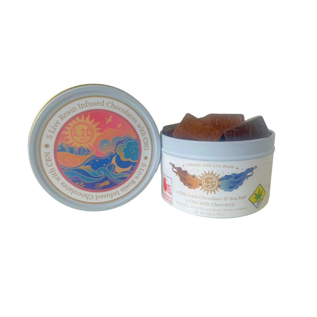 Photograph of product: 420 Mini | Day and Night Live Rosin Chocolates| DOH | 10pk | Milk Chocolate CBN : Dark Chocolate Sea Salt CBG