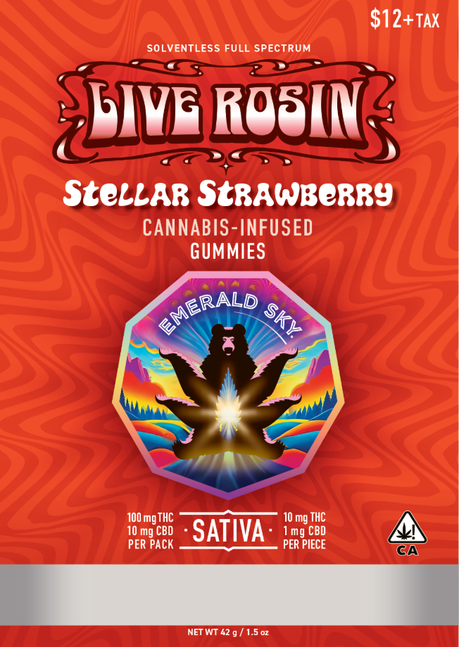 Photograph of product: Stellar Strawberry [S] | 100mg 10pk Live Rosin Gummy | Emerald Sky