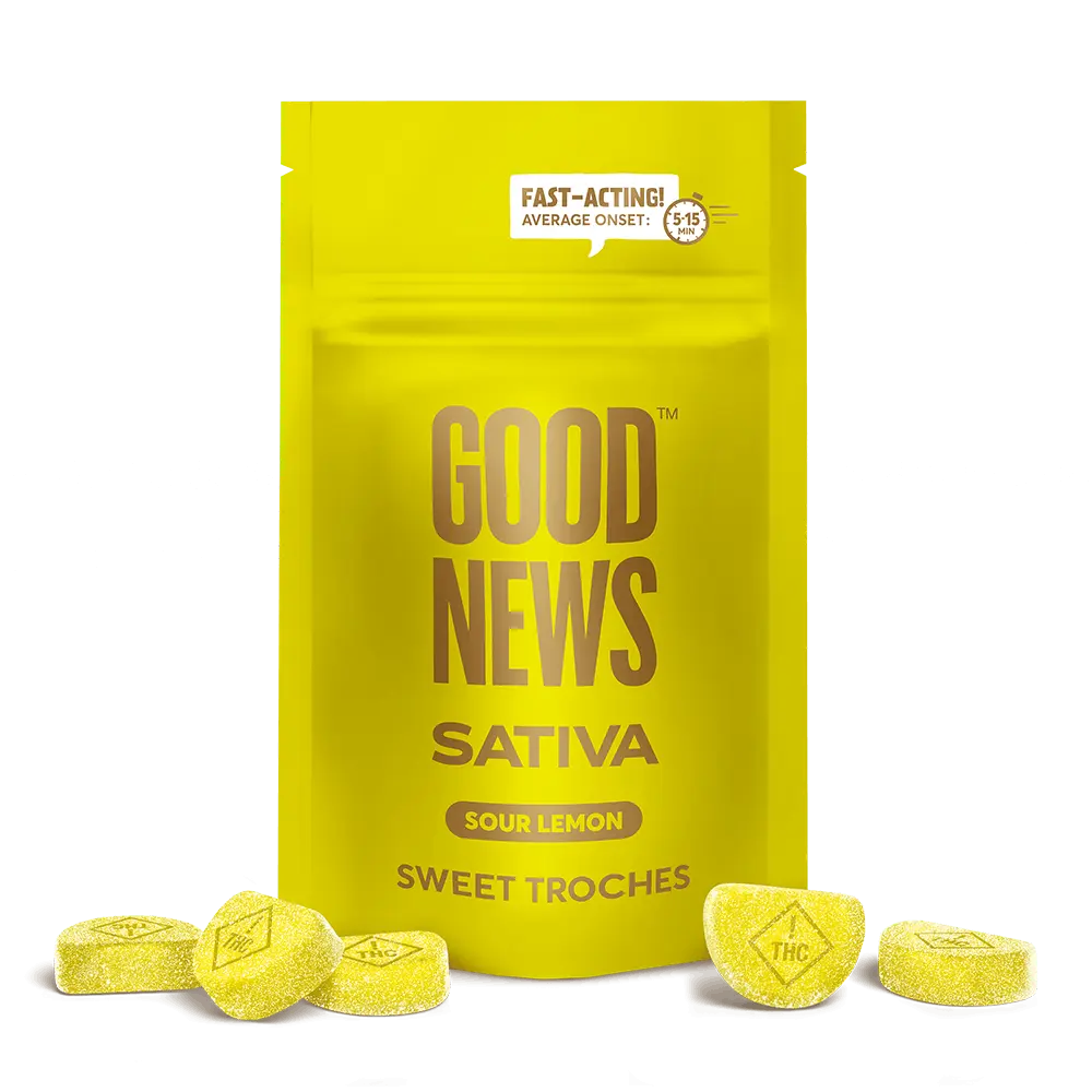 Photograph of product: Good News Sour Lemon (S) Fast Acting Troches 5mg (20pk)