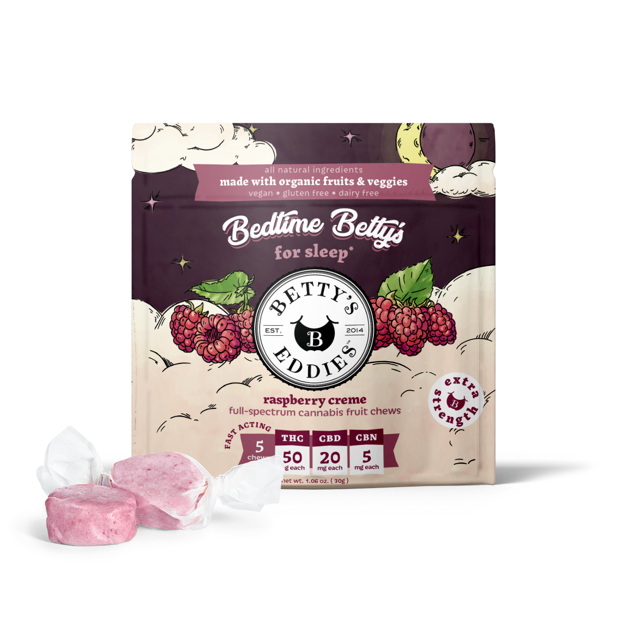 Photograph of product: 1:2:1 Bedtime Betty's - Raspberry Creme Taffy (TH-oui:CBD:CBN) - 5mg/10pk