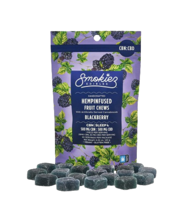Photograph of product: Smokiez | 20pc Hemp CBD Fruit Chews | Sour Blackberry (CBD:CBN)