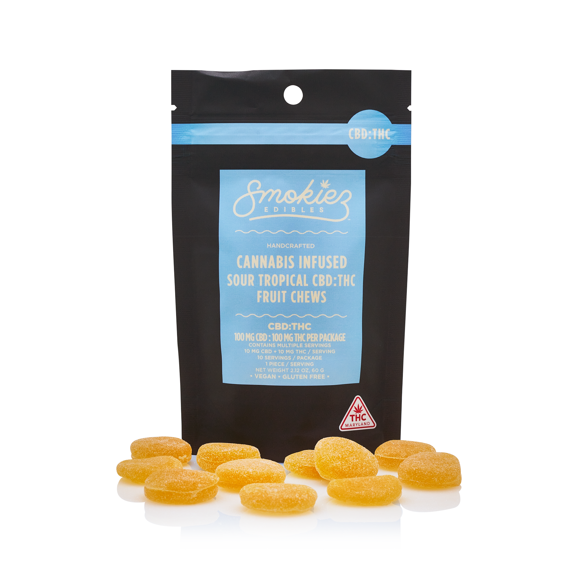 Photograph of product: 100mg Sour Tropical Fruit Infused Fruit Chews [1:1 TH-oui:CBD] 10pk