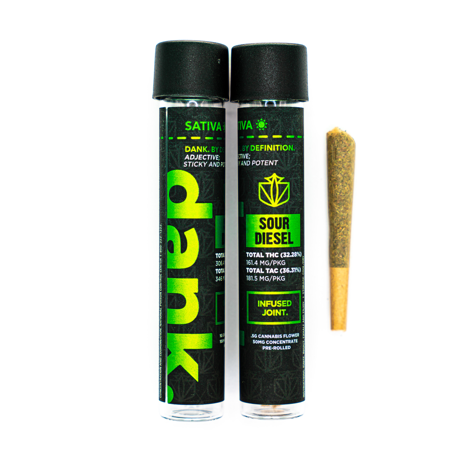 Photograph of product: Dank | Infused Pre Roll | Sour Diesel | 1.1g