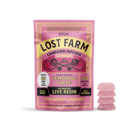 Photograph of product: Kiva | Lost Farm | Strawberry Lemonade x Lemon OG Haze Live Resin Gummies | 100mg (10ct)