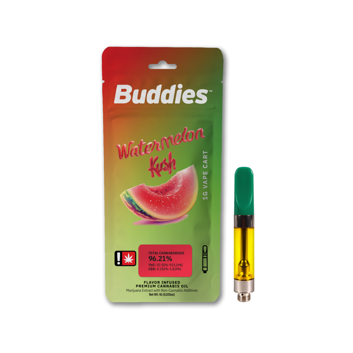 Photograph of product: Cartridge ~ Buddies ~ Flavored Distillate ~ Watermelon Kush ~ Green Leaf Special