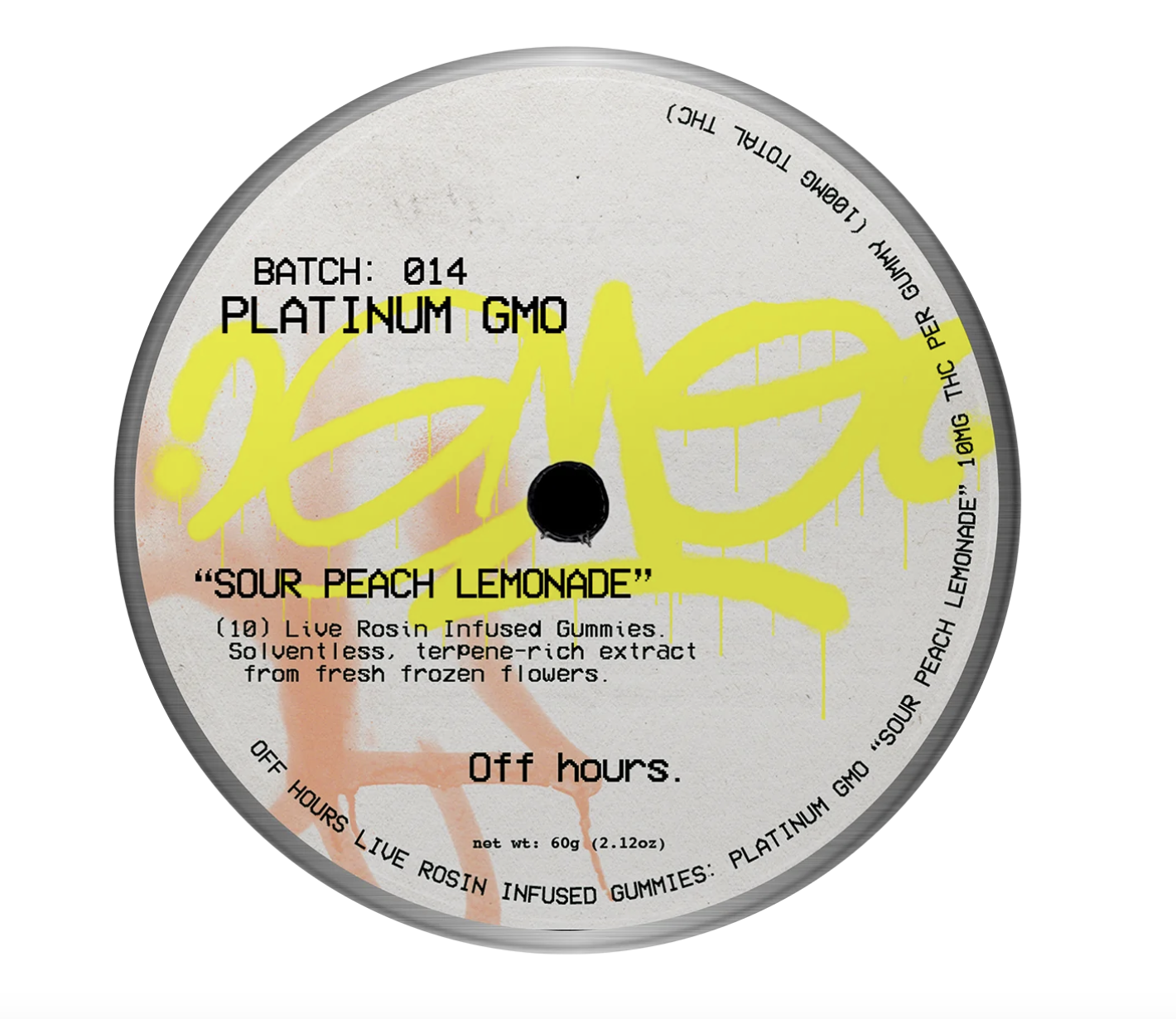 Photograph of product: Off Hours-10pk Live Rosin Gummies (10mg) V,GF- Platinum GMO -Sour Peach Lemonade