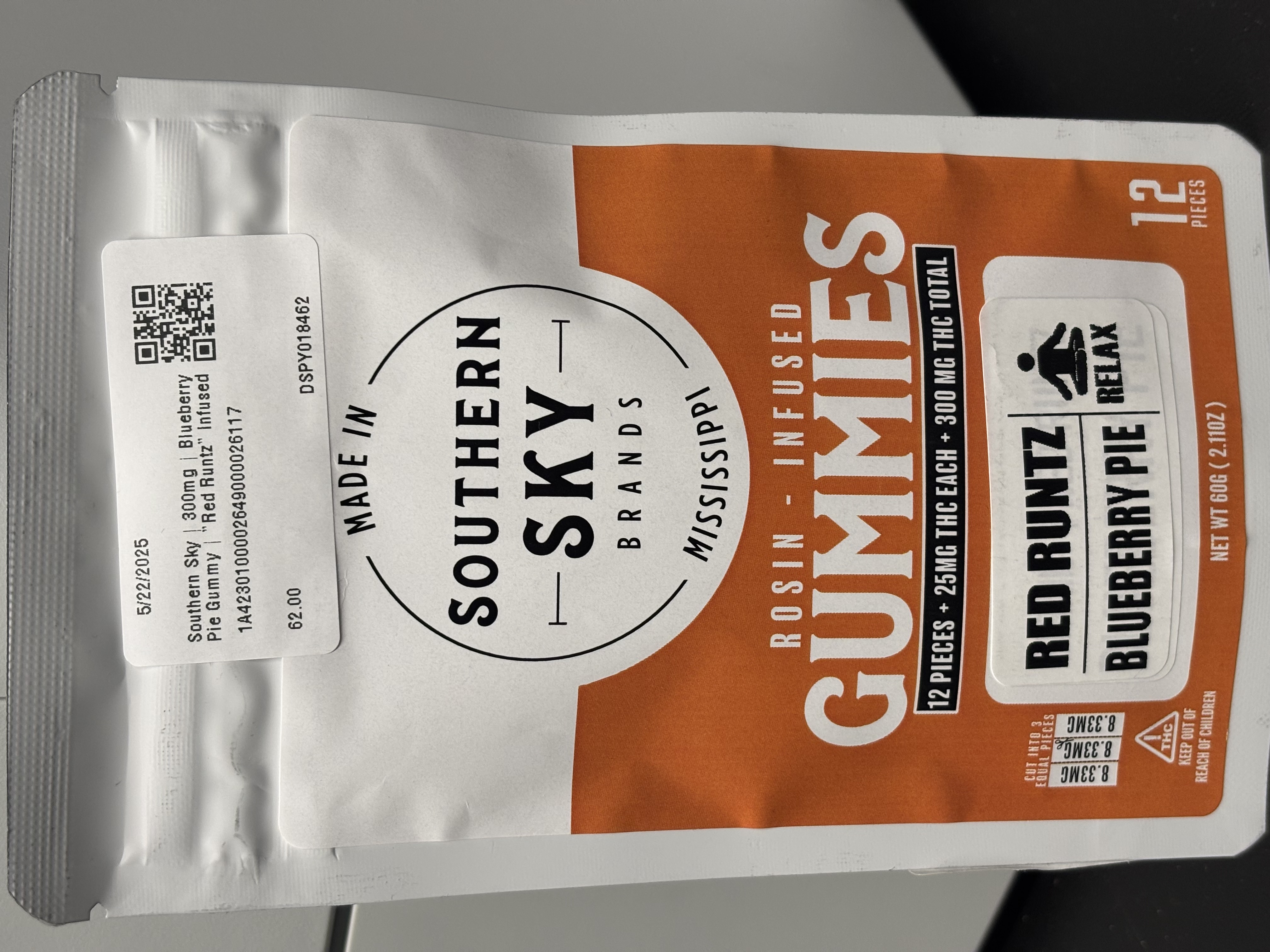 Photograph of product: Southern Sky | 300mg | Blueberry Pie | Red Runtz Rosin Gummies