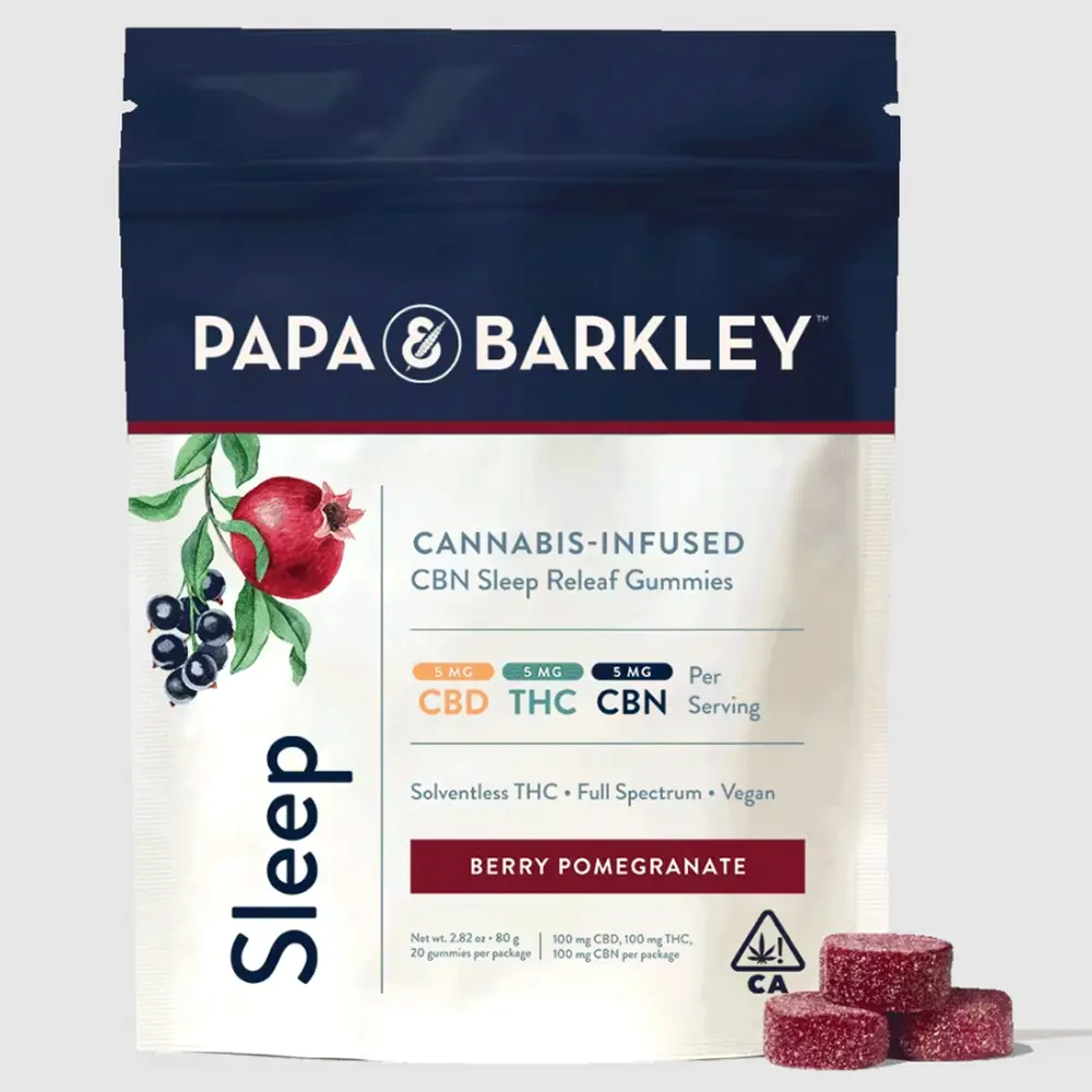 Photograph of product: 100MG CBD/ 100MG TH-oui/ 100MG CBN GUMMY PACK: SLEEP RELEAF: BERRY POMEGRANATE