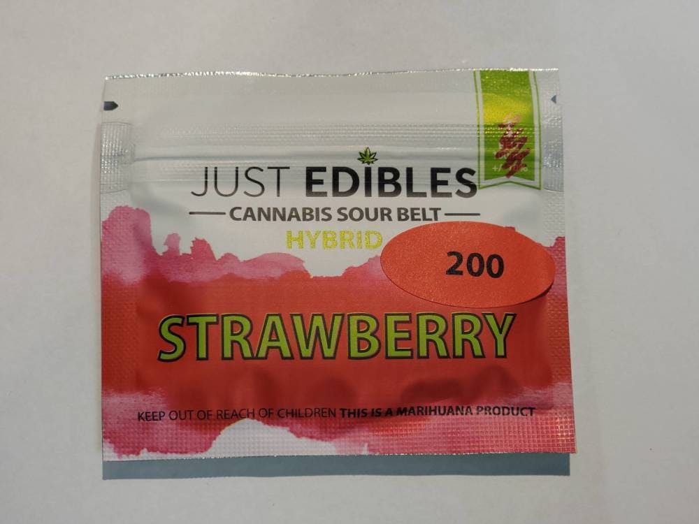 Photograph of product: Just Edibles | 200mg TH-oui Gummy | Sour Long Belt Strawberry