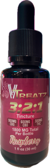 Photograph of product: Treatz 3:2:1 Tincture- 300mg TH-oui/600mg CBD/900mg CBG (Raspberry)