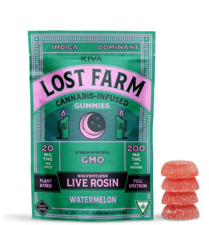 Photograph of product: Watermelon | 20mg THC x 10pk | Live Rosin Infused | Lost Farm