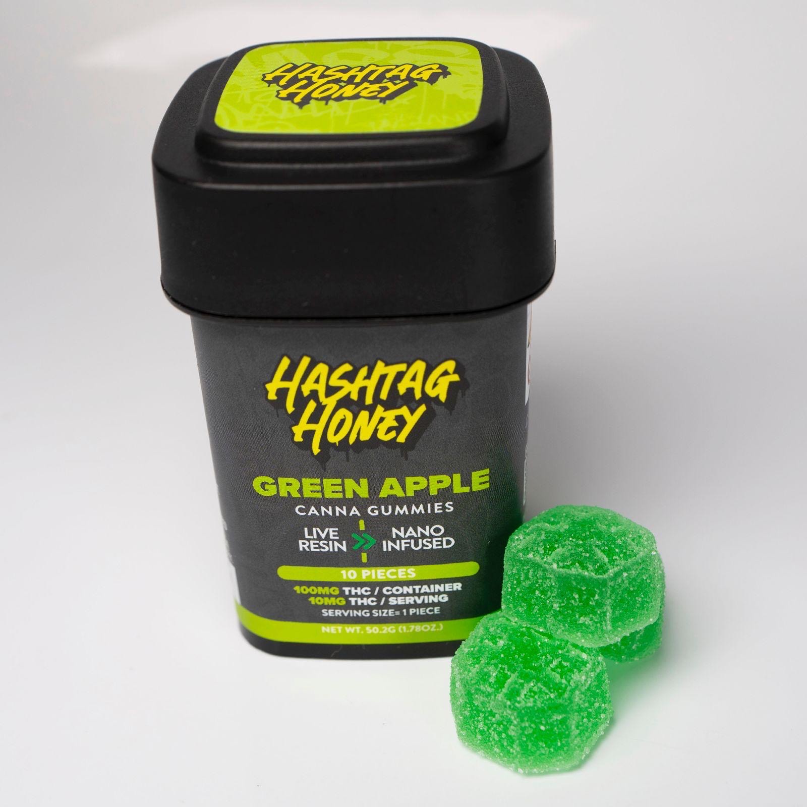 Photograph of product: au chocolattag Honey Live Resin/Nano Infused Green Apple Gummies 10MG/Serving:100MG/Container