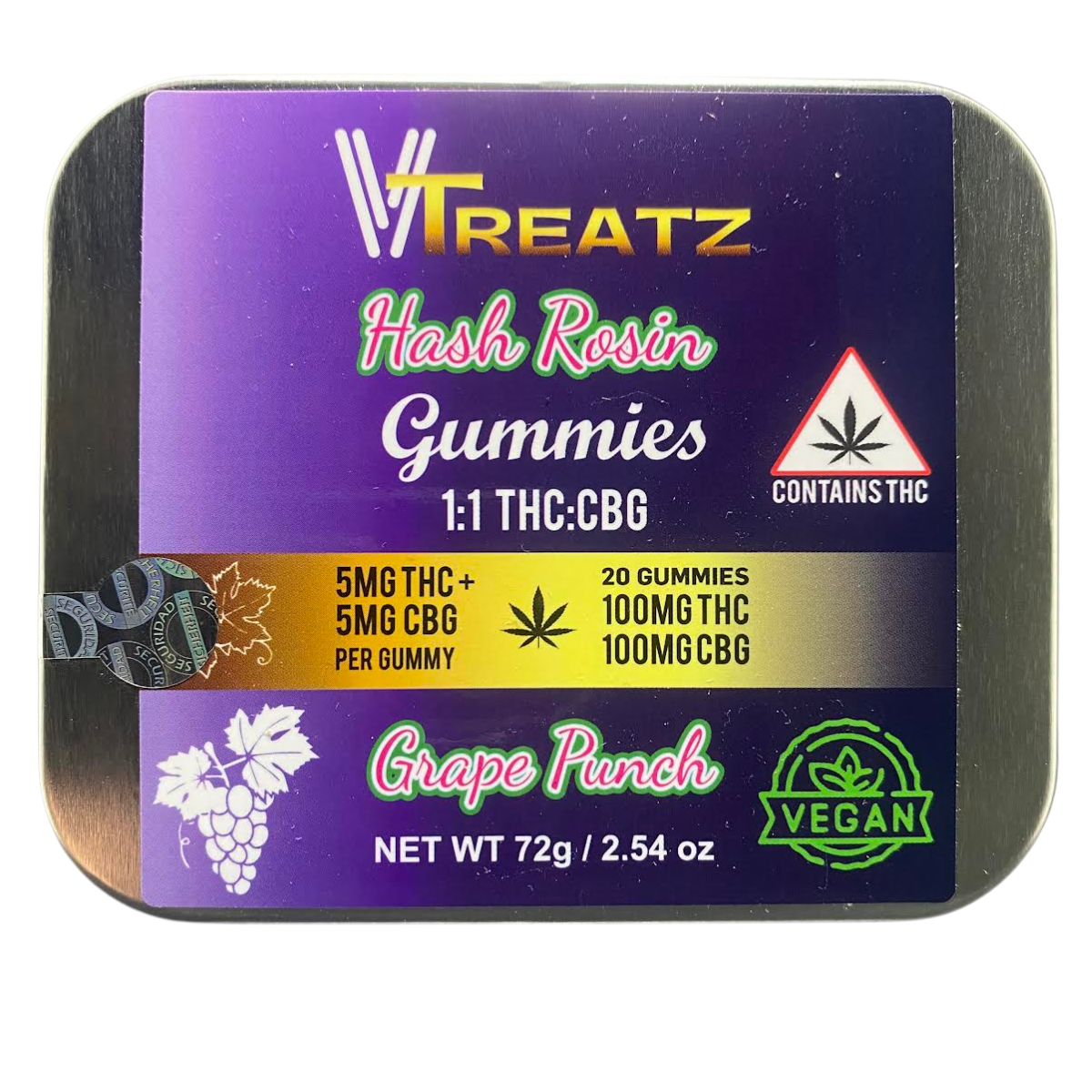 Photograph of Product: VTreatz - 1:1 THC:CBG 5mg Live Rosin Gummies - Grape Punch