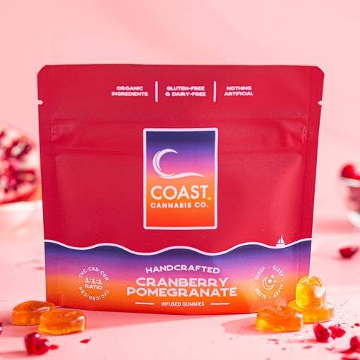 Photograph of product: Coast Oui'd Gummies 20ct Cranberry Pom 5:5:5 (CBN:CBD:TH-oui)