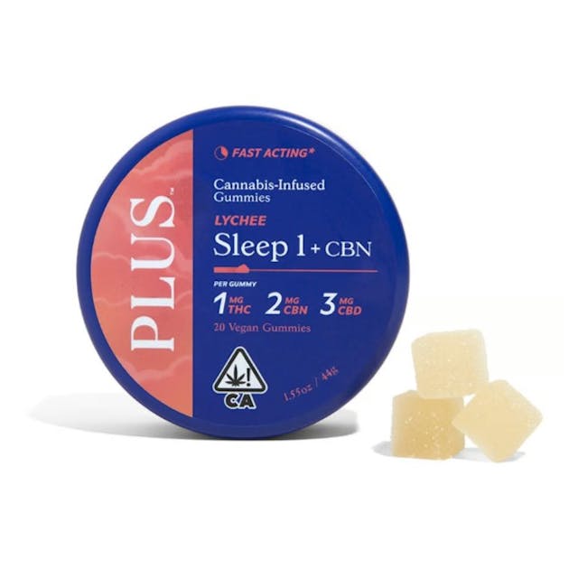 Photograph of product: Plus Lychee CBD:CBN:TH-oui 3:2:1 Sleep Gummies - 
