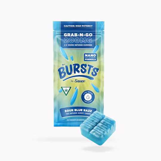 Photograph of product: 200mg Grab-N-Go Bursts Sour Blue Razz Gummies - Sauce