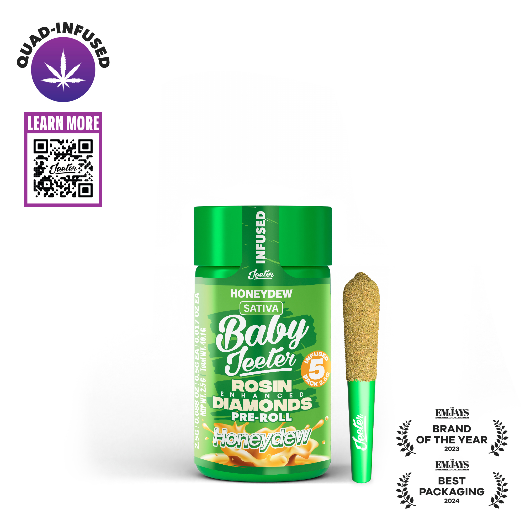 Photograph of product: Quad Baby Infused HoneyDew Pre-Roll Pack 2.5g (5-Pack | 0.5g Each)