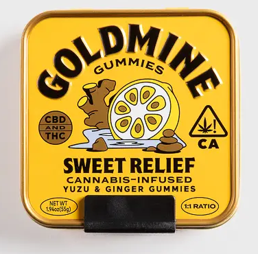 Photograph of product: Gold Mine Sweet Relief Yuzu & Ginger 1: ummy Tin 10mgTH-oui:10mgCBD 100mgTH-oui:100mgCBD