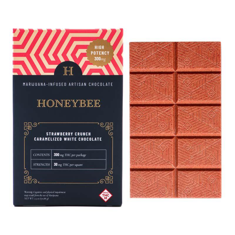 Photograph of product: HONEYBEE | STRAWBERRY CRUNCH CARAMELIZED WHITE CHOCOLATE BAR | CHOCOLATE | 300MG | HYBRID