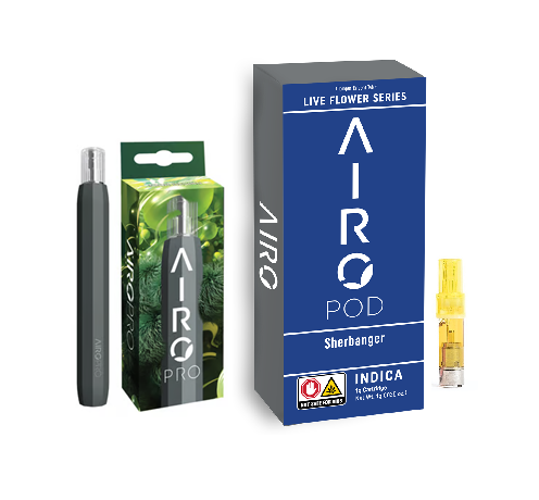 Photograph of product: Airo Brands | Sherbanger | Live Flower Series AiroPod Cartridge 1g W/ AiroPod Battery (While Supplies Last)