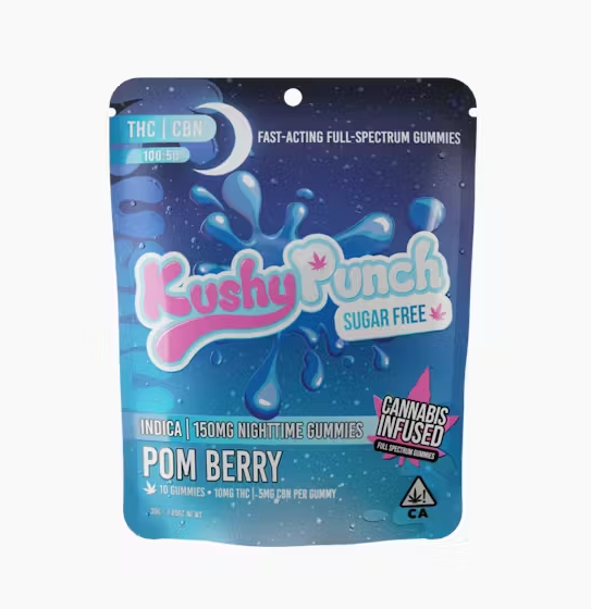 Photograph of product: Kushy Punch Sugar Free Nighttime 2:1 TH-oui:CBN Pom Berry Fast Acting Oui'd Gummies 150mg