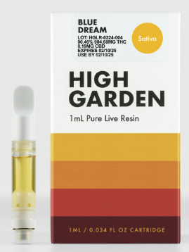 Photograph of product: High Garden 1ml Pure Live Resin Cartridge-Blue Dream