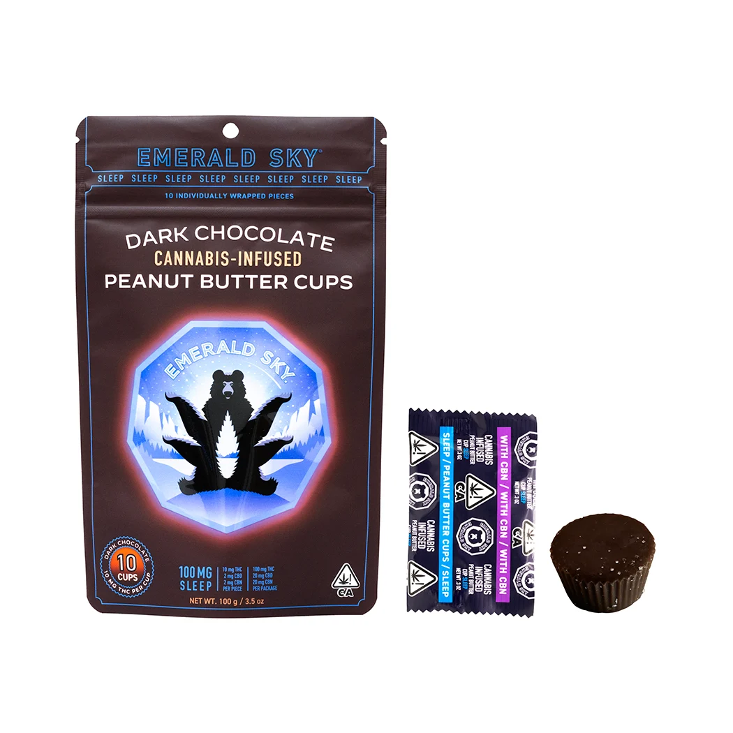 Photograph of product: 10:2:2 TH-oui:CBD:CBN DARK CHOCOLATE SLEEP PEANUT BUTTER CUPS 10PK | 100MG