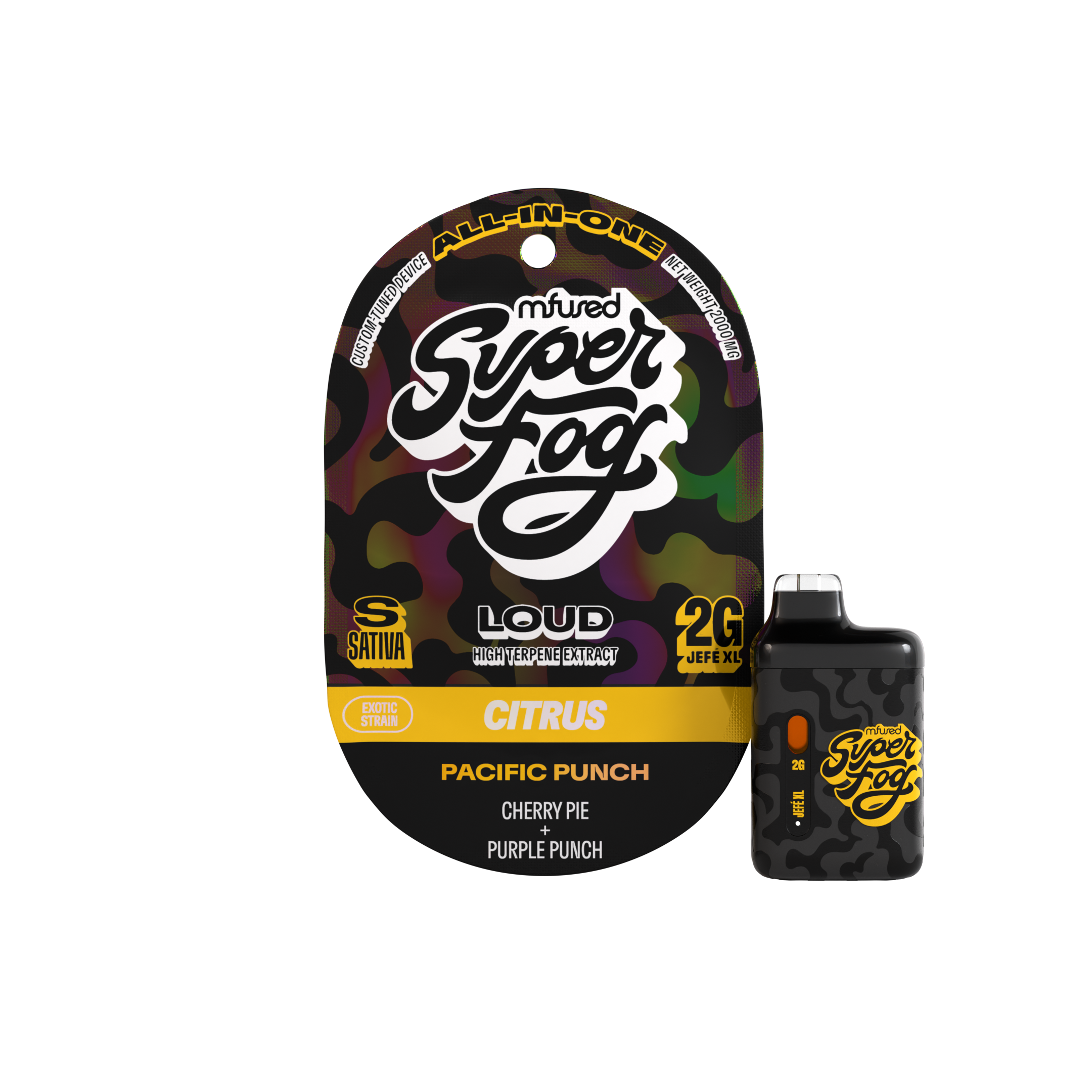Photograph of product: Super Fog Loud High Terpene Extract Disposable Vape 2g Pacific Punch