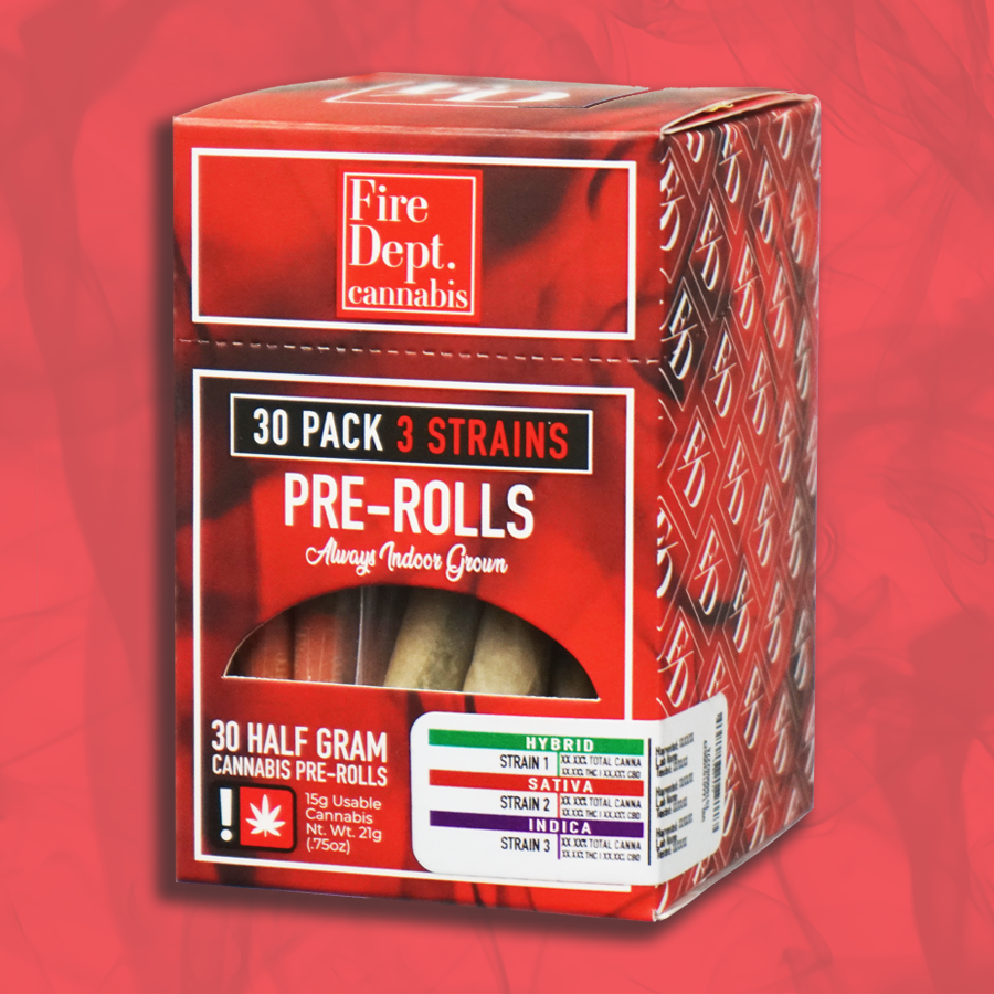 Photograph of product: Fire Dept Variety (I) Deadhead OG (S) Halle Berry (I) Fruit Tart Preroll 30 Pack-15g