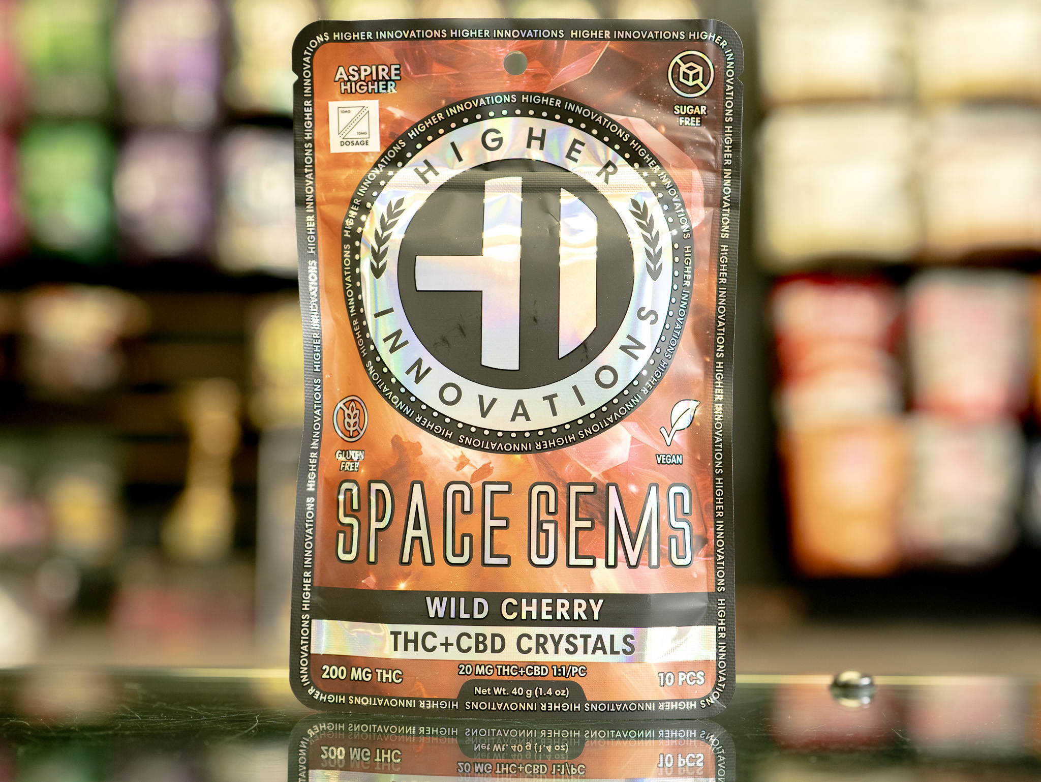 Photograph of product: Higher Innovations | Wild Cherry Space Gems | 1:1/PC TH-oui:CBD 10pc Hard Candy