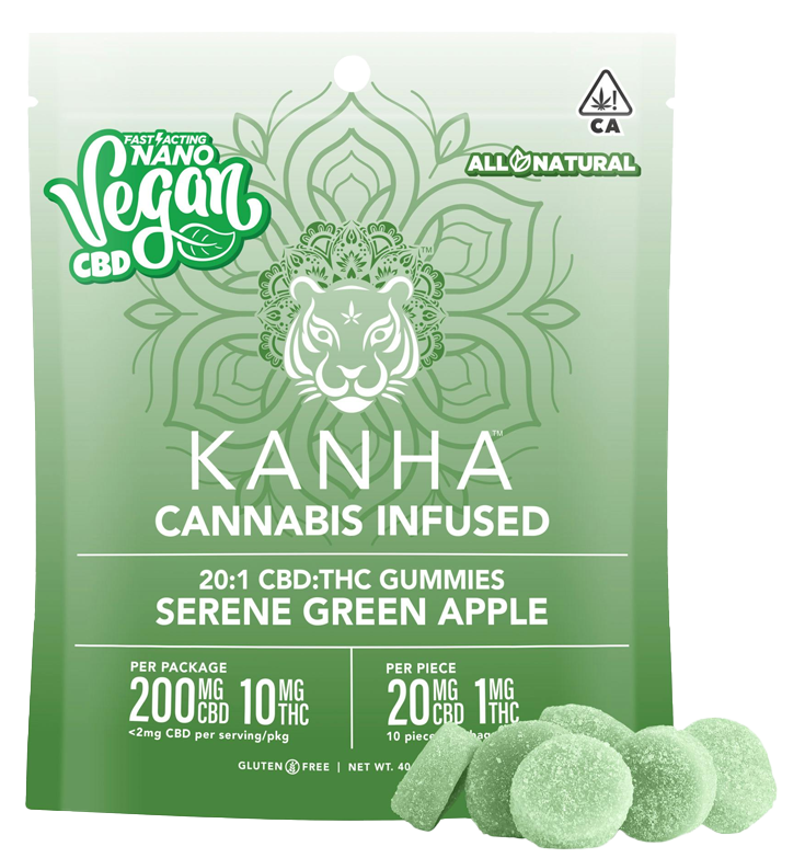 Photograph of product: Nano Serene Green Apple Vegan 20:1 CBD:THC Gummies | 43G 5MG 10PK