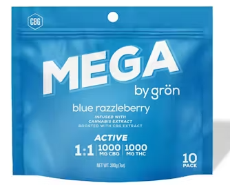 Photograph of product: 1:1 TH-oui/CBG Blue Razzleberry (S) - Grn - 1000mg Mega Pearl 10 Pack
