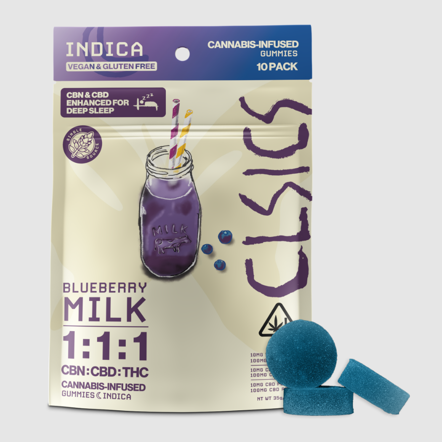 Photograph of product: Blueberry Milk 1:1:1 Cbn:Cbd:Thc (10pk/100mg) Gummies [I]