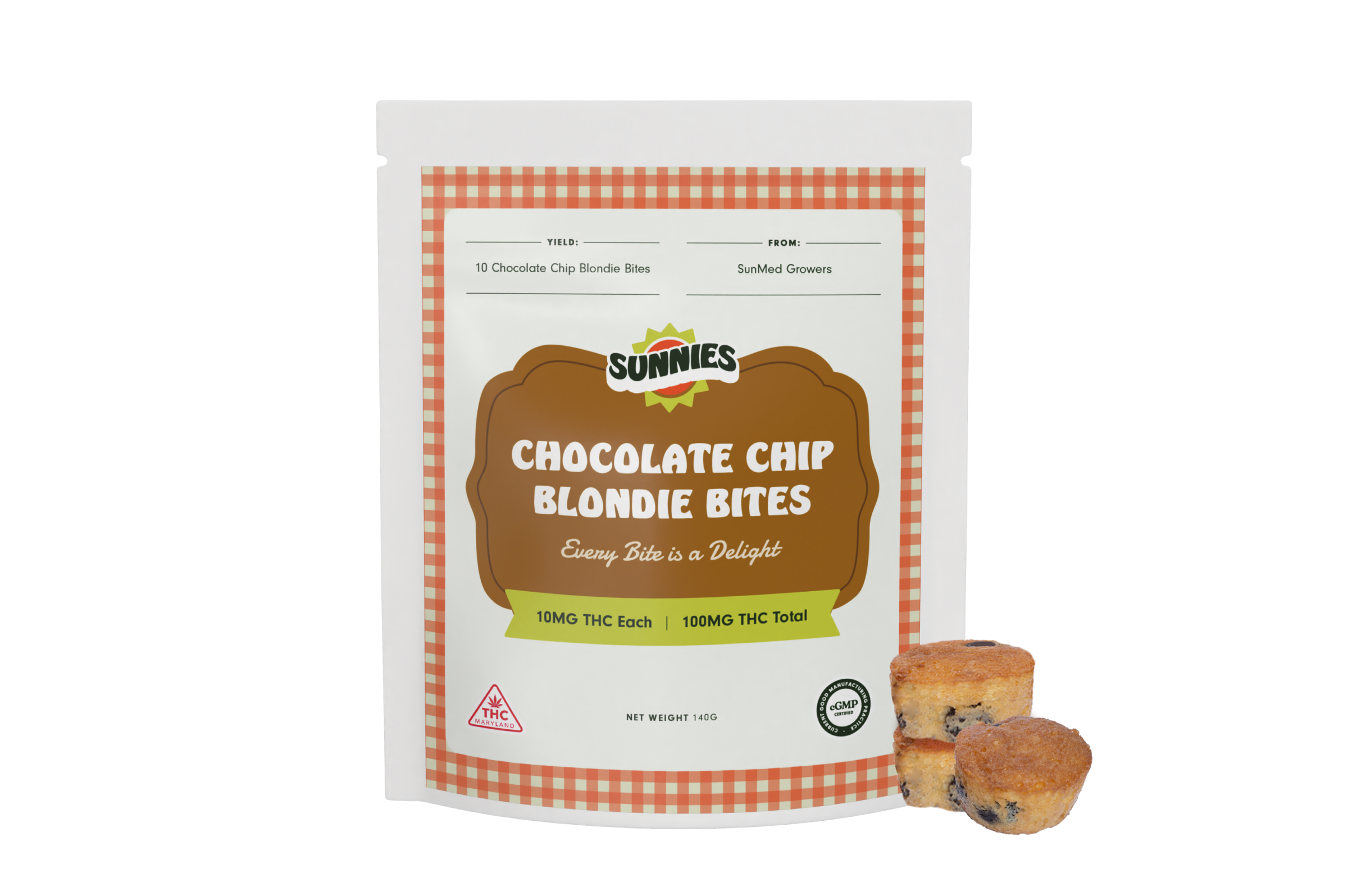 Photograph of product: Sunnies Chocolate Chip Blondie Bites 10mg