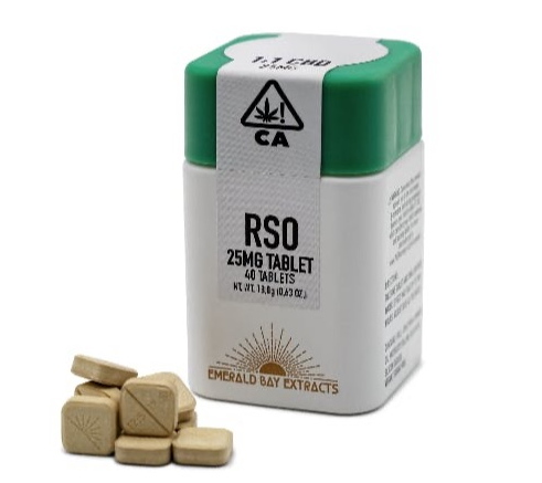 Photograph of product: Emerald Bay, 25mg 1:1 RSO Tablets 40ct, Sunday Rose