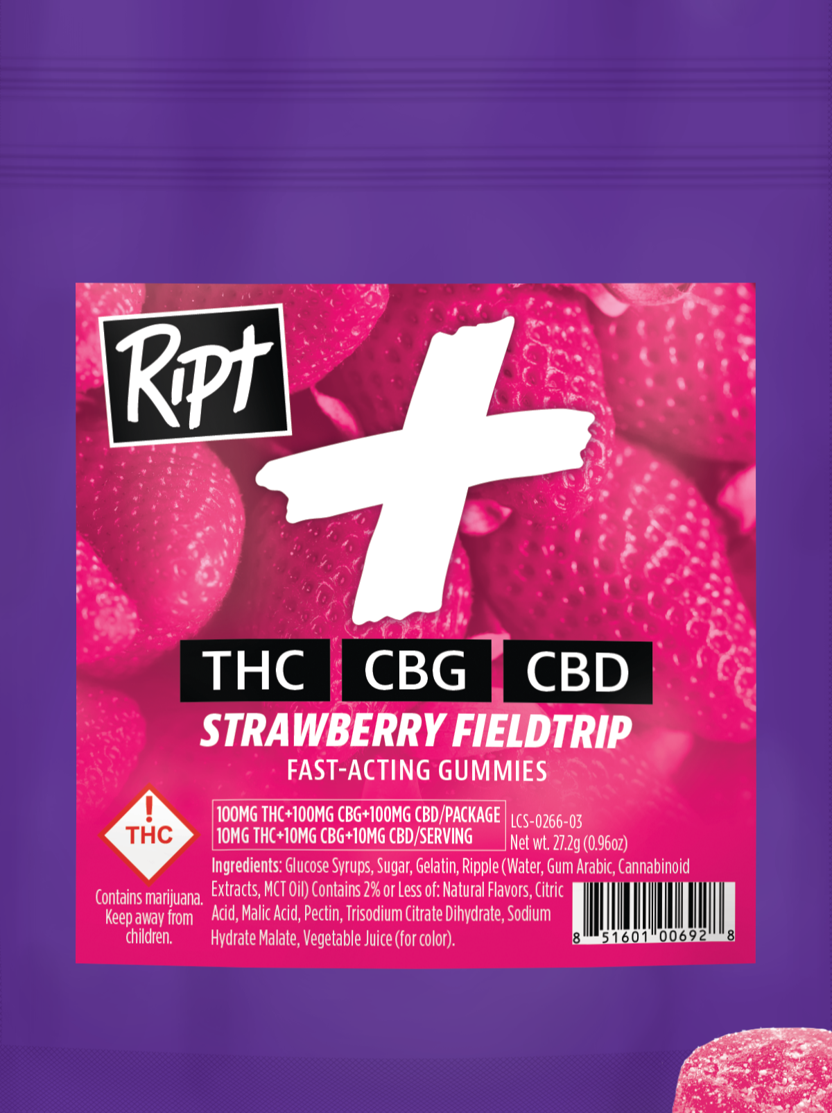 Photograph of product: Ript - (H) Strawberry Fieldtrip (1:1:1 CBG + CBD) Gummies