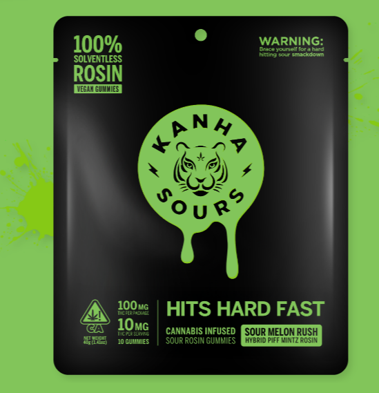 Photograph of product: Kanha NANO Sour Melon Rush Live Rosin Vegan Gummies 10pk