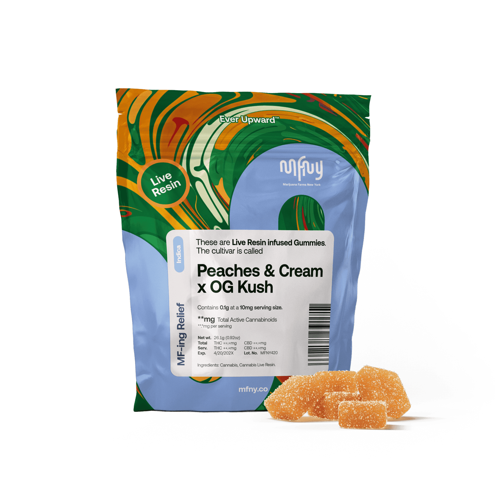 Photograph of product: MFNY | Peaches x Cream x 02 OG Kush | Live Resin | Gummies | 100mg