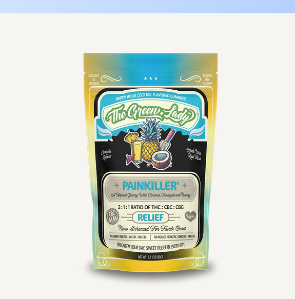 Photograph of product: the Green Lady | 2:1:1 Pain Killer Pina Colada Gummies | 10mgTH-oui:5mgCBC:5mgCBG | 10pk