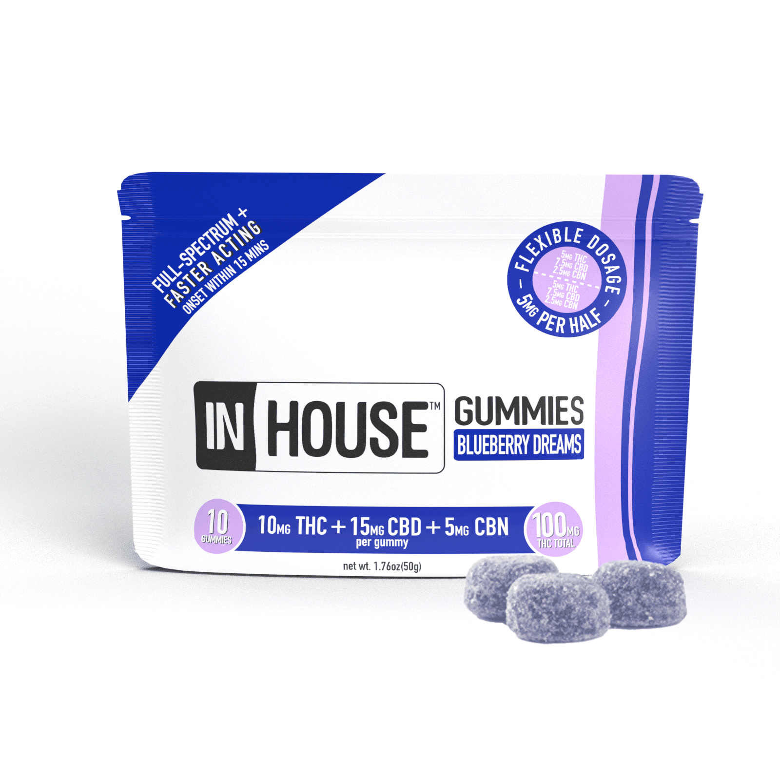 Photograph of product: Blueberry | 10mg TH-oui: 15mg CBD: 5mg CBN | 10pk Gummies | In House