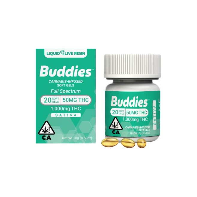 Photograph of product: Buddies Liquid Live Resin 50MG Oui'd Caps 20PK