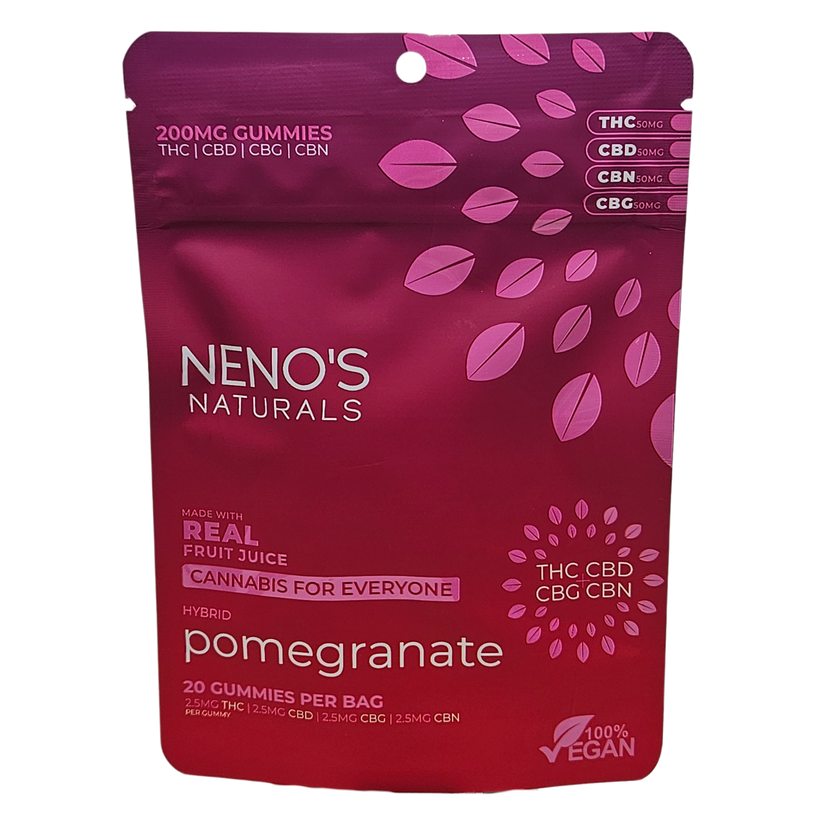 Photograph of product: Neno's Naturals Pomegranate 1:1:1:1 50mg TH-oui/CBD/CBN/CBG Gummies Rec